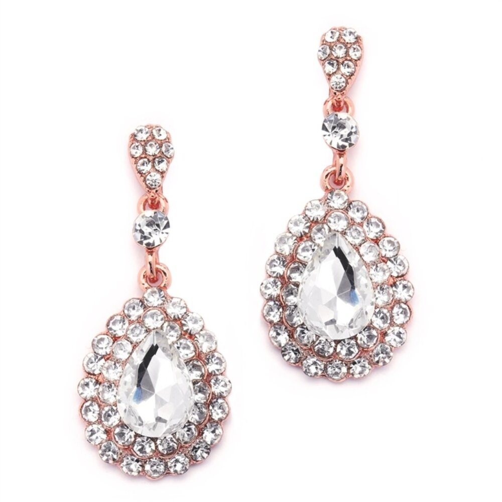 Rose Gold Teardrop Statement Earrings with Crystal Accents